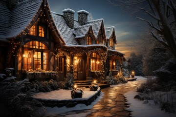 A snowy landscape with a charming cabin, softly lit lanterns, and a starry sky, creating a magical Christmas ambiance. Generative Ai