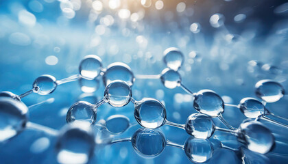 abstract glass molecules floating in blue fluid background with selective focus environment water...