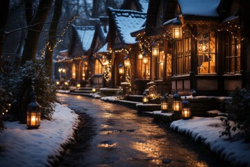 Fototapeta premium A snowy landscape with a charming cabin, softly lit lanterns, and a starry sky, creating a magical Christmas ambiance. Generative Ai