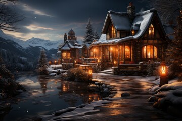 Fototapeta premium A snowy landscape with a charming cabin, softly lit lanterns, and a starry sky, creating a magical Christmas ambiance. Generative Ai