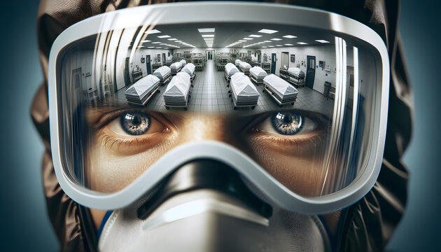 A scientist looks through a hazmat suit, goggles reflecting a grim reality in a morgue