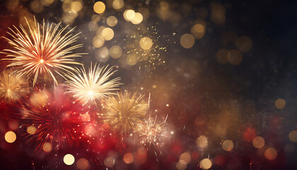 gold and dark red fireworks and bokeh in new year eve and copy space abstract background holiday ai generative
