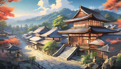 a beautiful japanese village city town in the morning buddhist temple shinto shrine anime comics...