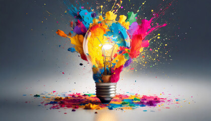 creative light bulb explodes with colorful paint and colors new idea brainstorming concept - Powered by Adobe
