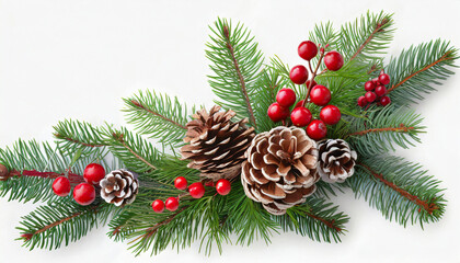 christmas corner arrangement with pine twigs small cones and red berries isolated on white or transparent background