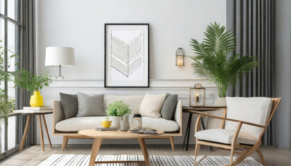 picture frame with line art by a reading coffee table in a living room