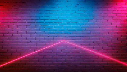 neon light on brick walls that are not plastered background and texture lighting effect red and blue neon background - obrazy, fototapety, plakaty