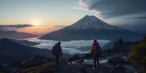 Hikers gazing at a breathtaking sunrise from Mount Fuji, capturing the essence of adventure and...
