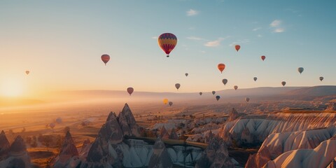 Sharp mountain peaks framed by a sky filled with hot-air balloons, encapsulating adventure and natural beauty. Ideal for travel and leisure themes.