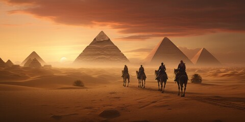 Camel riders positioned against the iconic Pyramids of Giza, epitomizing travel and ancient history. Excellent for educational and travel projects. - obrazy, fototapety, plakaty