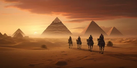 Foto op Canvas Camel riders positioned against the iconic Pyramids of Giza, epitomizing travel and ancient history. Excellent for educational and travel projects. © Kishore Newton