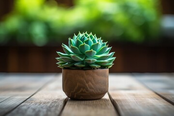  A lush green succulent plant elegantly displayed on a wooden surface.