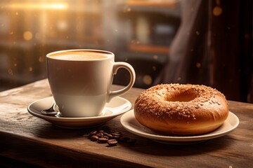 A inviting cup of coffee paired with a fresh bagel, set on a cafe table.