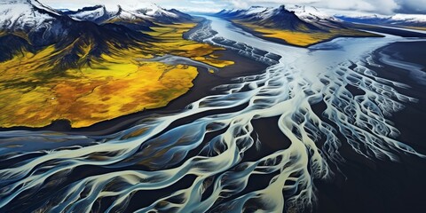 Aerial view of vibrant glacier rivers meandering through black sandy terrain.