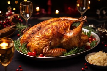 Close-up of hot turkey being placed on a festive Christmas or Thanksgiving dinner table.