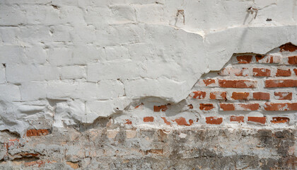 brick wall texture with white shabby stucco plaster red and white brickwall background white stonewall surface plastered wall with white uneven stucco with cracks and damages