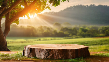 tree trunk wood podium display for food perfume and other products on nature background farm with grass and orange tree sunlight at morning