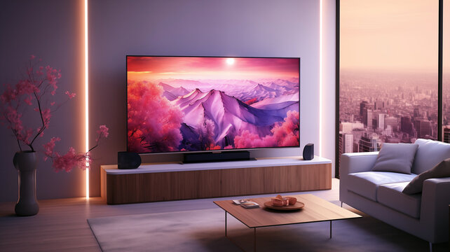 modern living room interior design with oled television, table and sofa and tv unit, skyscapter view, minimalist style