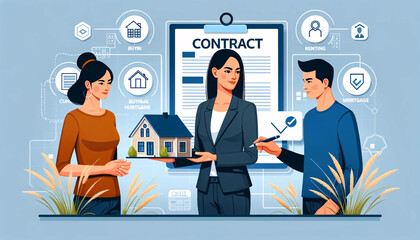 Vector design showcasing a real estate scene. A female agent of mixed descent is showing a house model and a contract to two customers