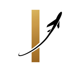 Gold and Black Futuristic Letter I Icon with an Airplane