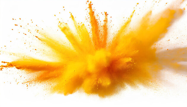 bright yellow orange holi paint color powder festival explosion burst isolated white background industrial print concept background