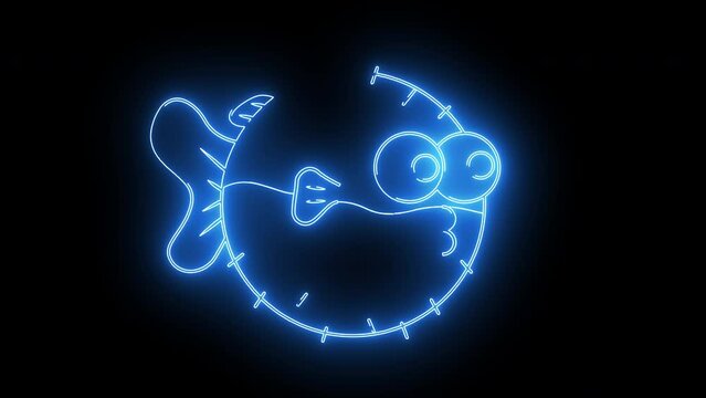 The animation forms a puffer fish icon with a neon saber effect