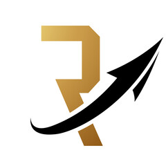 Gold and Black Futuristic Letter R Icon with an Arrow