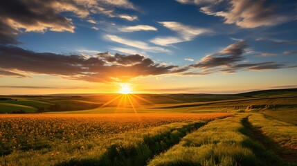 Fototapeta premium The warmth of golden rays kissing a vast green expanse