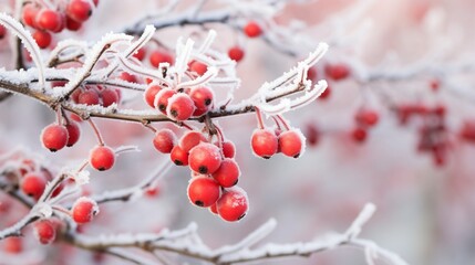 Fototapeta na wymiar Close-up of frosty patterns on a frozen berry bush.