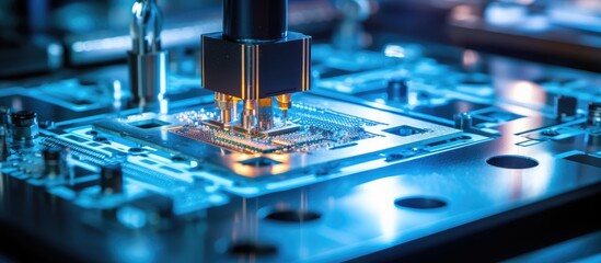 Extracting and attaching silicon dies from a semiconductor wafer to a substrate using a pick and place machine is part of the computer chip manufacturing process at a semiconductor fab facil