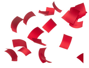 Red ribbon long straight fly in air with curve roll shiny. Red ribbon for present gift birthday party to wrap around decorate and make of textile cloth many small pieces. White background isolated