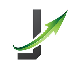 Green and Black Futuristic Letter J Icon with a Glossy Arrow