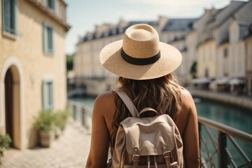 Back view of Tourist woman with hat and backpack at vacation in France