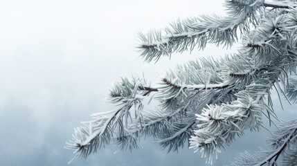 Frost-covered evergreen branches with a background of a pale, wintry sky.