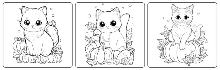 Pumpkin Cat Halloween coloring book page, illustration for the children