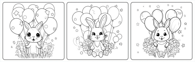 Rabbit and balloons happy birthday coloring book pages,  illustration for the children, illustration for the children
