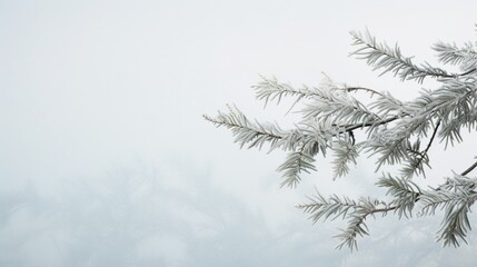 Frost-covered evergreen branches with a background of a pale, wintry sky.