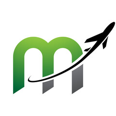 Green and Black Lowercase Letter M Icon with an Airplane