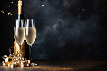 champagne prepared for new year, copy space and flat lay, generative ai