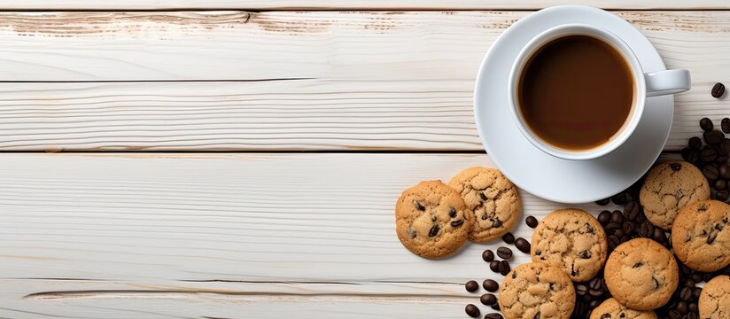 Coffee cookies and a laptop on a white wooden background captured in a photo