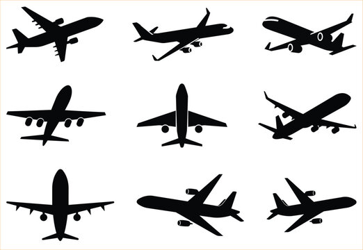Set of black plane silhouette icon, 
Black airplane icon collection.