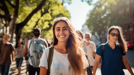 Smiling young brunette posing at a beautiful city wearing eyeglasses looking at the camera