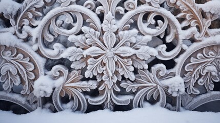 Frosted patterns on a rustic wooden bench in a snowy park.