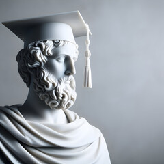 A Proud and Happy Marble Man Statue with a Graduation Cap Hat on the Head in School University, Education Poster with copy space. Success, Academic, Textbook, Distance Learning Diploma, Poster or Card