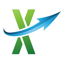Green and Blue Futuristic Letter X Icon with a Glossy Arrow