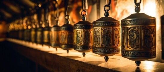 Metal buddhist prayer wheels with Om mani padme hum mantra in Tsuglagkhang complex Dalai Lama residence in Mcleodganj Himachal Pradesh India