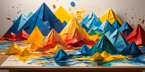 Fotobehang Bergen Origami papers landscapes are beautiful and creative paper art forms, abstract scenes of nature, such as forests, mountains, villages, towns, and rivers.  