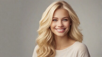 Fototapeta premium beautiful smiling american blonde female portrait with space for text on the side, background image, AI generated