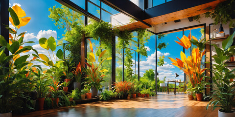 Modern indoor garden with vibrant tropical plants under a blue sky through large windows. Contemporary design meets nature's beauty. Generative AI.