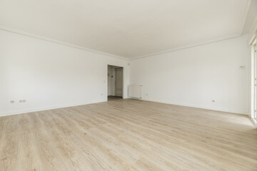 Large empty room with plain white painted walls and light wooden floors